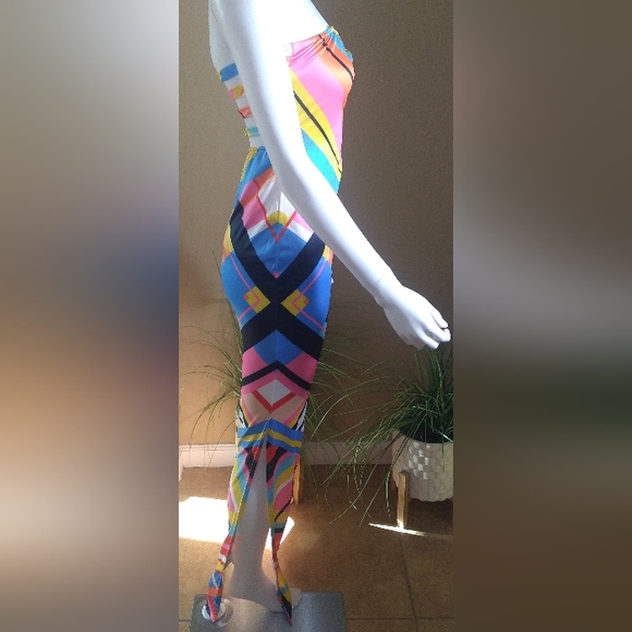 *SOLD OUT* 3 For $38 Bright Color Block Side Split Tube Top Maxi Dress - Picture 7 of 8